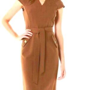 Kasper Brown Sheath Midi Dress Cap Sleeve